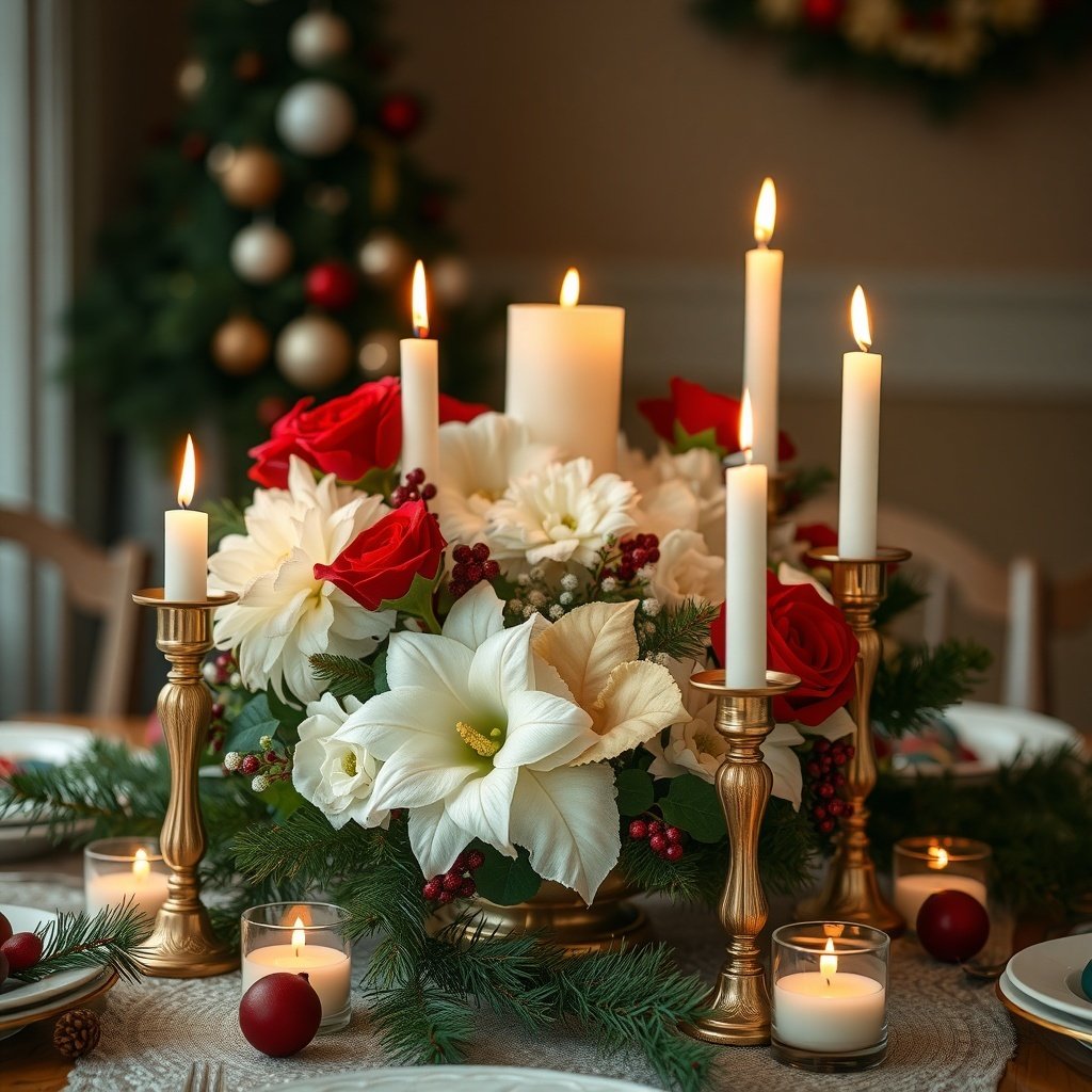 50 Stunning Christmas Table Centerpieces to Elevate Your Holiday Decor A beautifully arranged Christmas table centerpiece featuring red roses, white lilies, and candles.