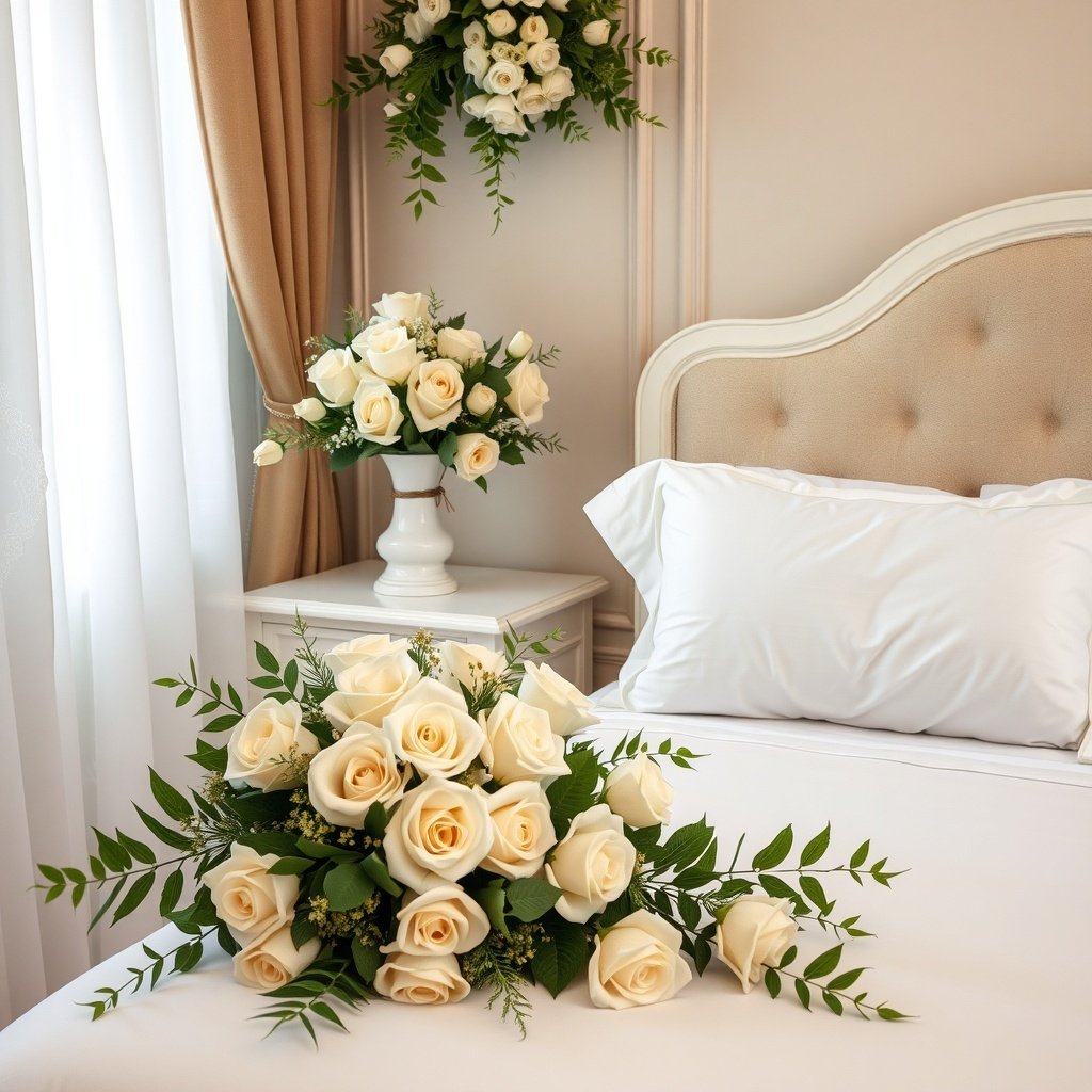 50 Stunning Wedding Night Room Decoration Ideas Elegant floral arrangements featuring white roses in a wedding night room