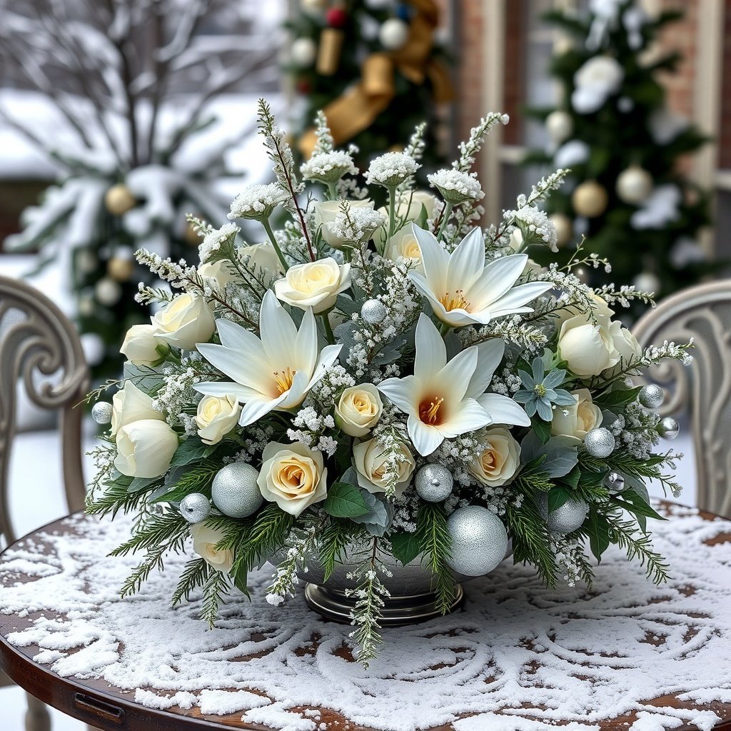 50 Stunning Christmas Table Centerpieces to Elevate Your Holiday Decor A winter floral centerpiece with white lilies, yellow roses, and silver ornaments on a snowy table.