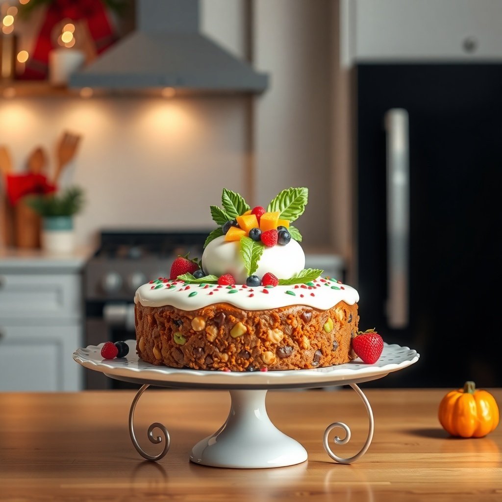 50 Creative Ideas for Christmas Kitchen Decor A decorated fruitcake on a white cake stand in a cozy kitchen setting.
