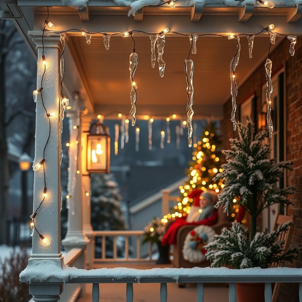 50 Stunning Christmas Porch Decor Ideas to Transform Your Home A beautifully decorated porch with icicle lights, a Christmas tree, and snow-covered plants.