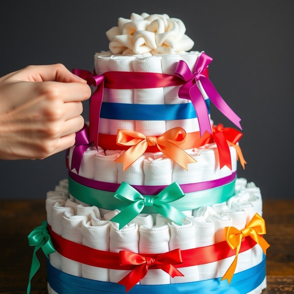 50 Festive Ideas for Creating the Ultimate Christmas Diaper Cake A hand tying colorful ribbons around a tiered diaper cake, showcasing vibrant colors and decorative bows.
