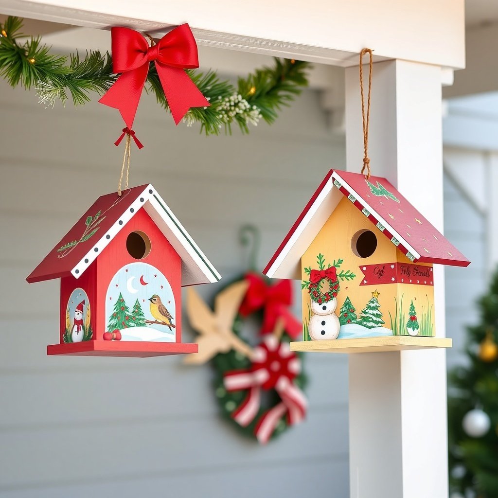 50 Stunning Christmas Porch Decor Ideas to Transform Your Home Two colorful Christmas-themed birdhouses hanging on a porch, decorated with a red bow and garland.