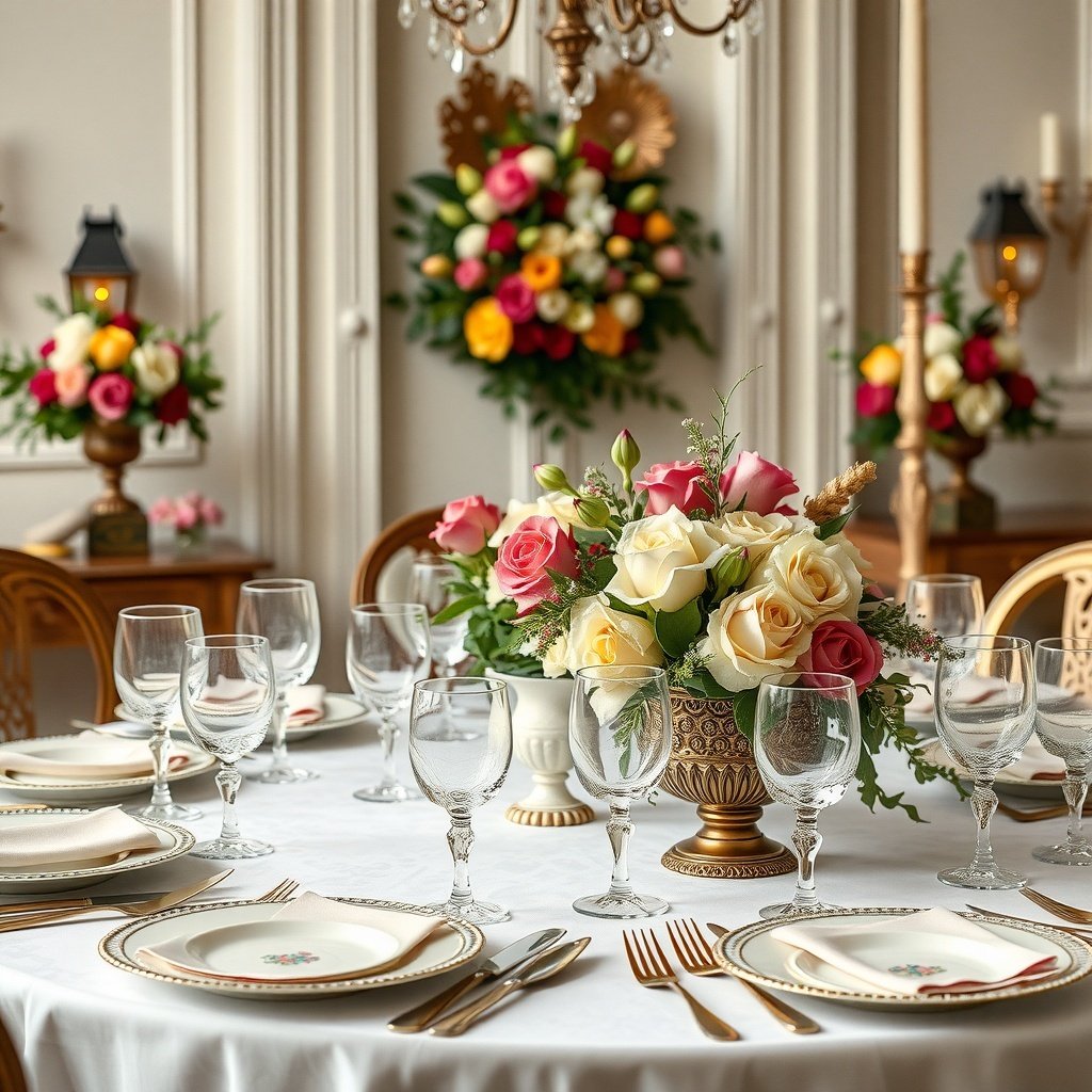 50 Stunning Wedding Night Room Decoration Ideas A beautifully set table with roses, crystal glasses, and elegant dinnerware for a wedding night room decoration.