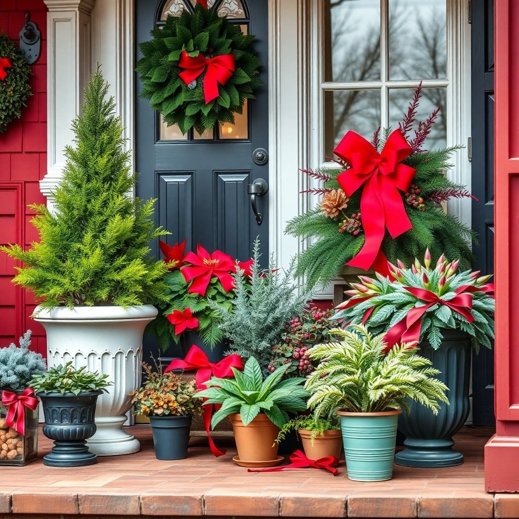 50 Stunning Christmas Porch Decor Ideas to Transform Your Home A festive Christmas porch decorated with potted plants and evergreens, featuring red bows and a welcoming wreath.