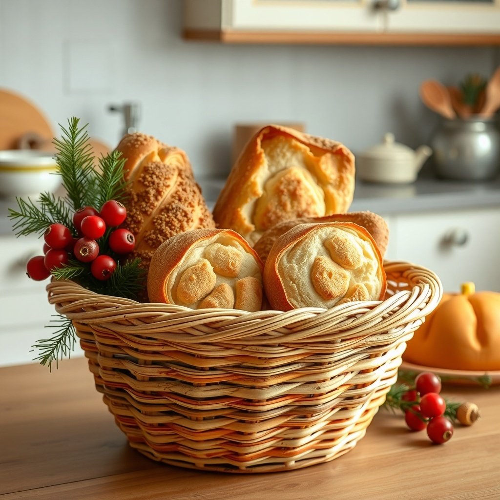 50 Creative Ideas for Christmas Kitchen Decor A woven basket filled with various types of bread and decorated with greenery and red berries.