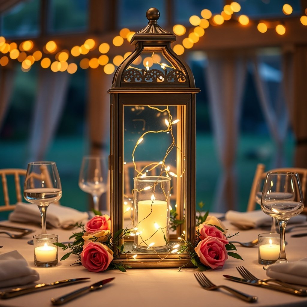 50 Stunning Christmas Table Centerpieces to Elevate Your Holiday Decor A beautifully arranged glass lantern with fairy lights at the center of a Christmas table, surrounded by roses and candles.