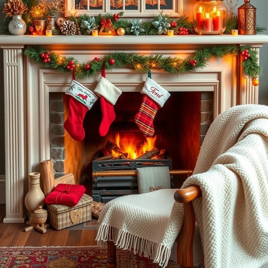 50 Festive December Wallpapers to Brighten Your Screen A cozy fireplace decorated for December with stockings, a warm blanket, and festive decorations.