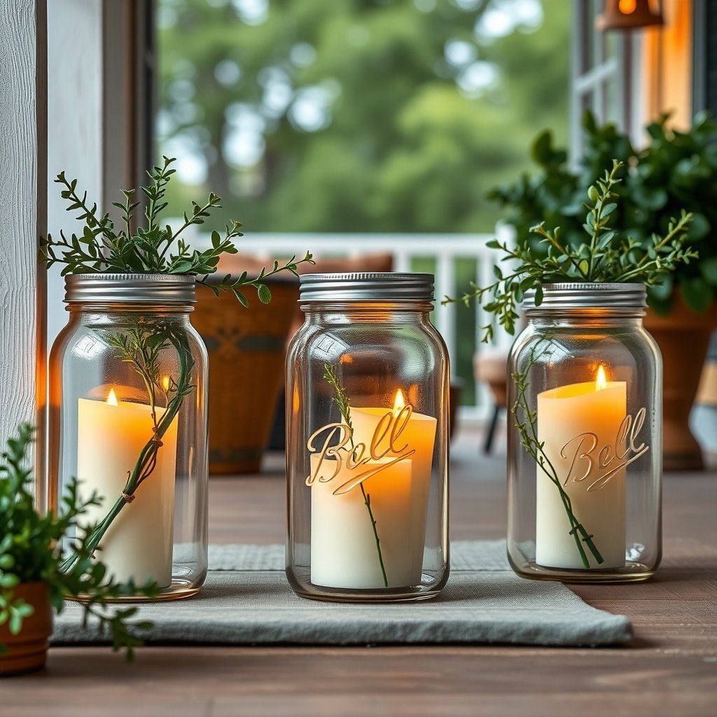 50 Stunning Christmas Porch Decor Ideas to Transform Your Home Three mason jar lanterns with candles and greenery on a porch