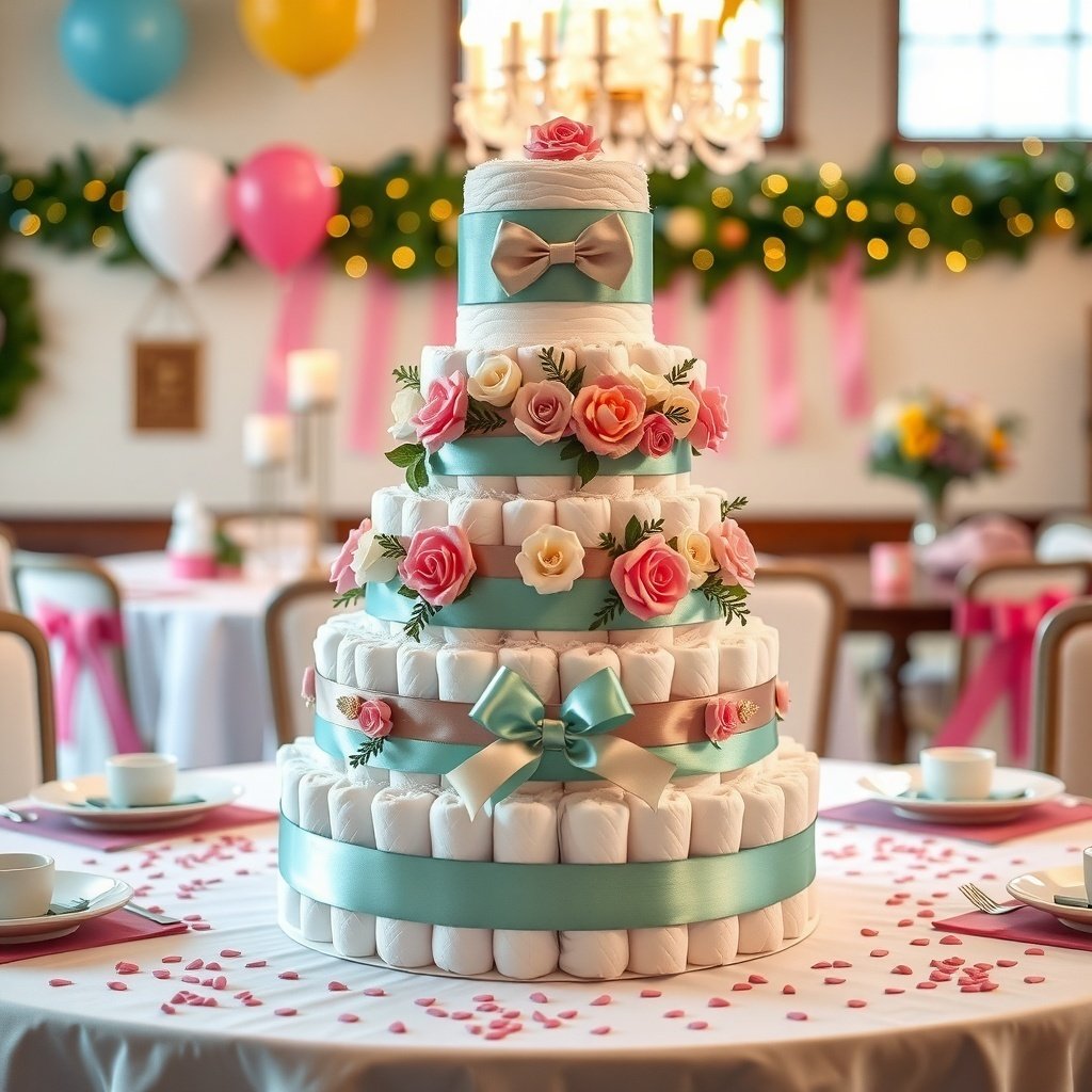 50 Festive Ideas for Creating the Ultimate Christmas Diaper Cake A beautifully crafted diaper cake centerpiece decorated with ribbons and flowers, perfect for a baby shower.