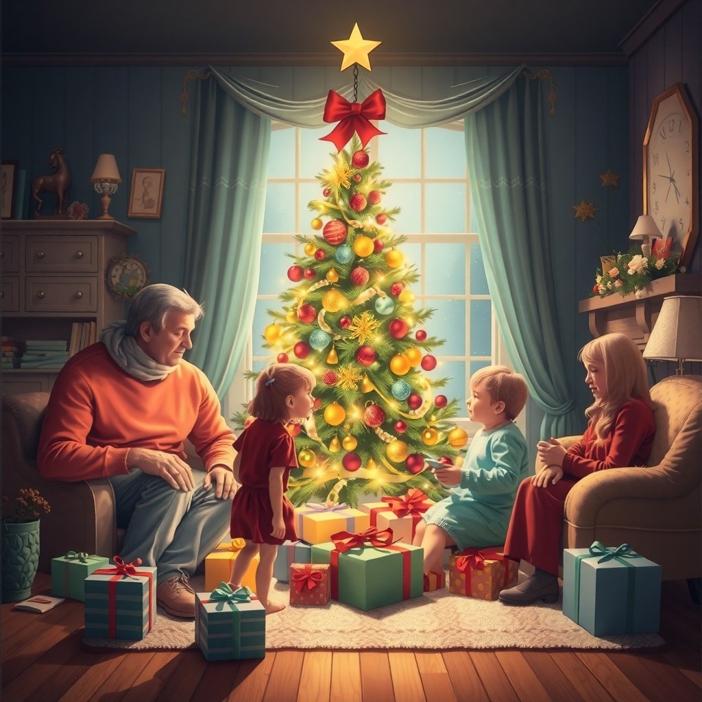 50 Festive December Wallpapers to Brighten Your Screen A cozy family scene with a Christmas tree, gifts, and children celebrating together.