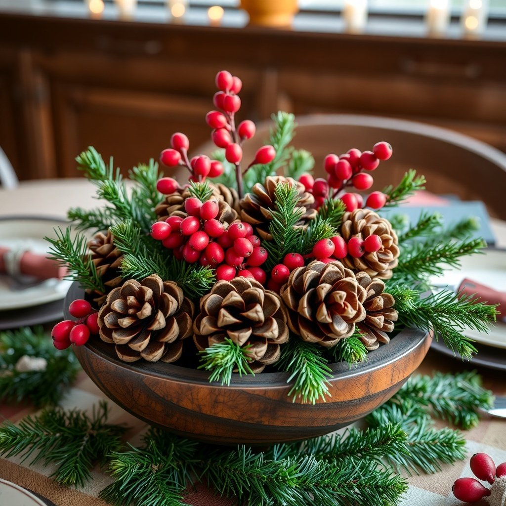 50 Stunning Christmas Table Centerpieces to Elevate Your Holiday Decor A rustic centerpiece featuring pinecones and red berries in a wooden bowl, surrounded by greenery. Christmas Table Centerpieces