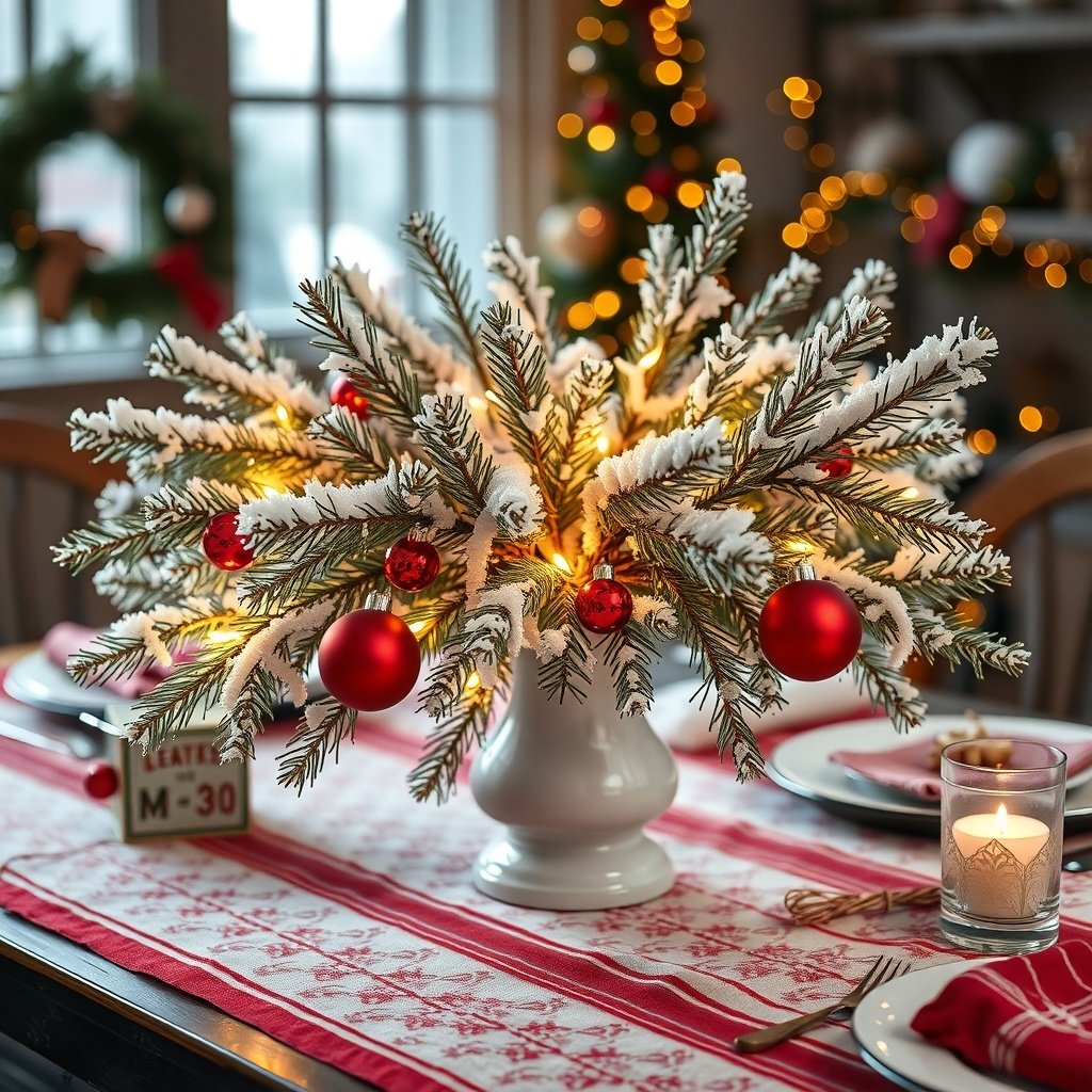 50 Stunning Christmas Table Centerpieces to Elevate Your Holiday Decor A snowy pine branch centerpiece with red ornaments and soft lights on a Christmas table
