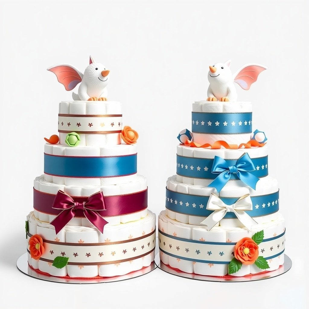 50 Festive Ideas for Creating the Ultimate Christmas Diaper Cake Two tiered diaper cakes decorated with ribbons and cute animal figures, perfect for twins or triplets.