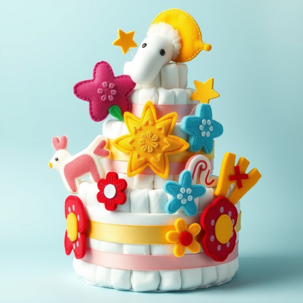 50 Festive Ideas for Creating the Ultimate Christmas Diaper Cake A colorful Christmas diaper cake decorated with felt flowers, stars, and animals.
