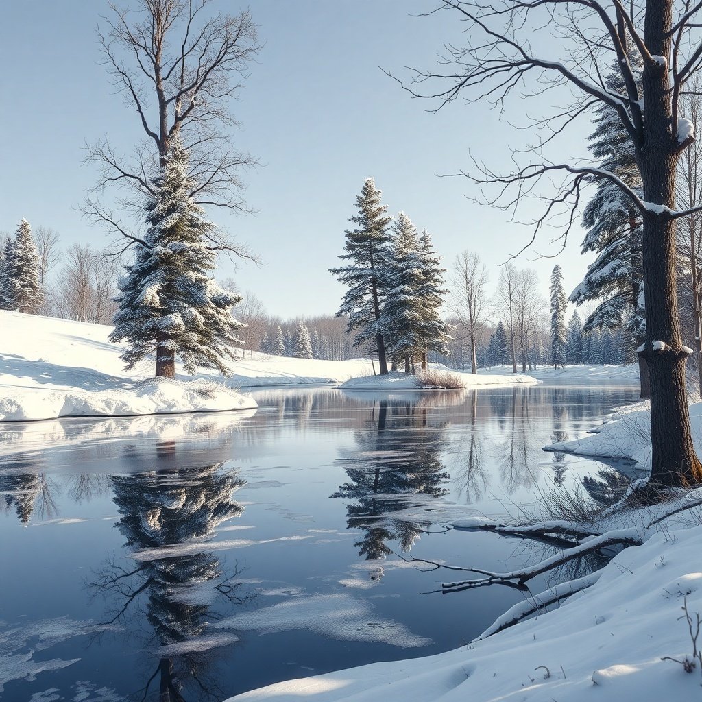 50 Festive December Wallpapers to Brighten Your Screen A serene winter landscape with snow-covered trees and a reflective pond.