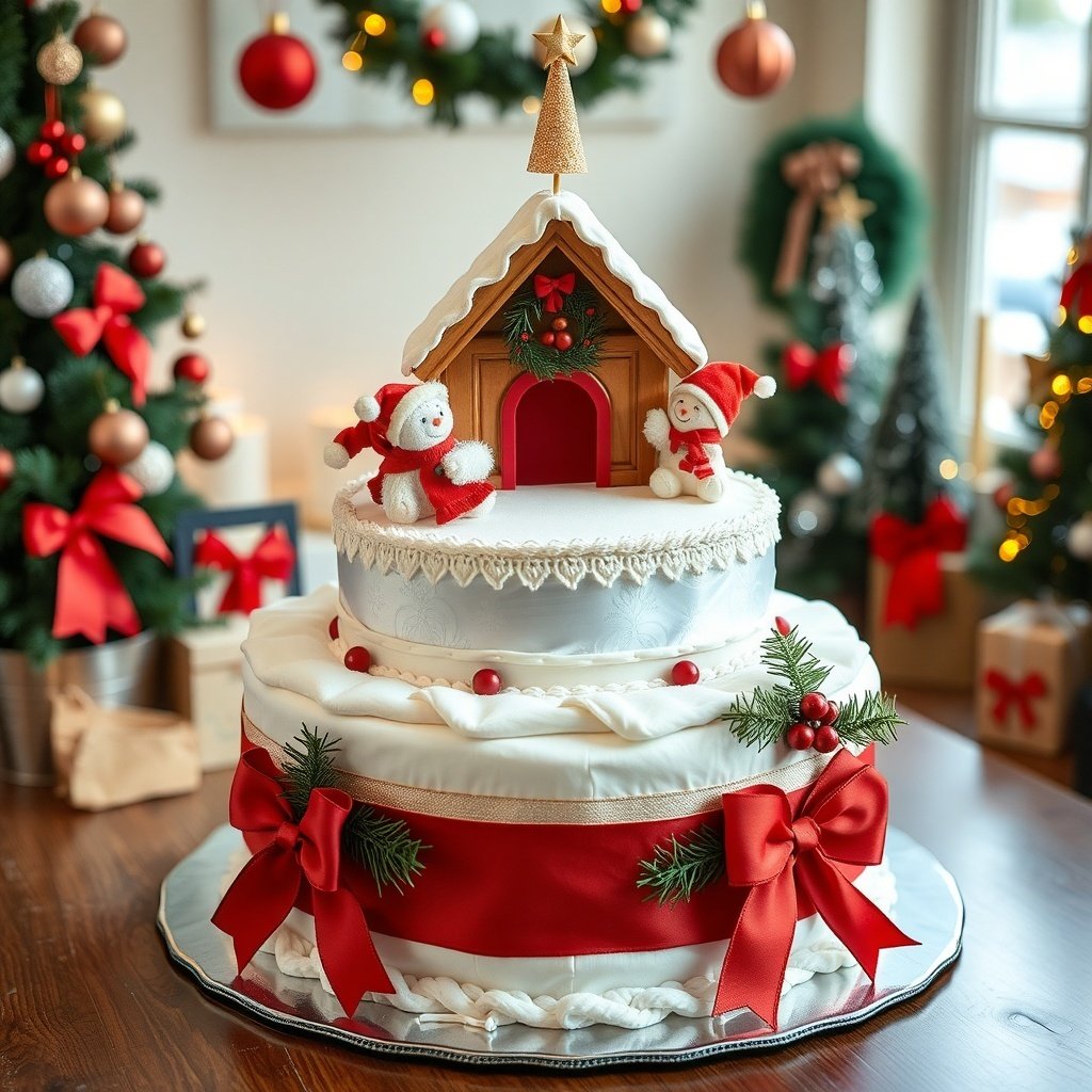 50 Festive Ideas for Creating the Ultimate Christmas Diaper Cake A festive Christmas diaper cake featuring a gingerbread house, snowmen, and holiday decorations.