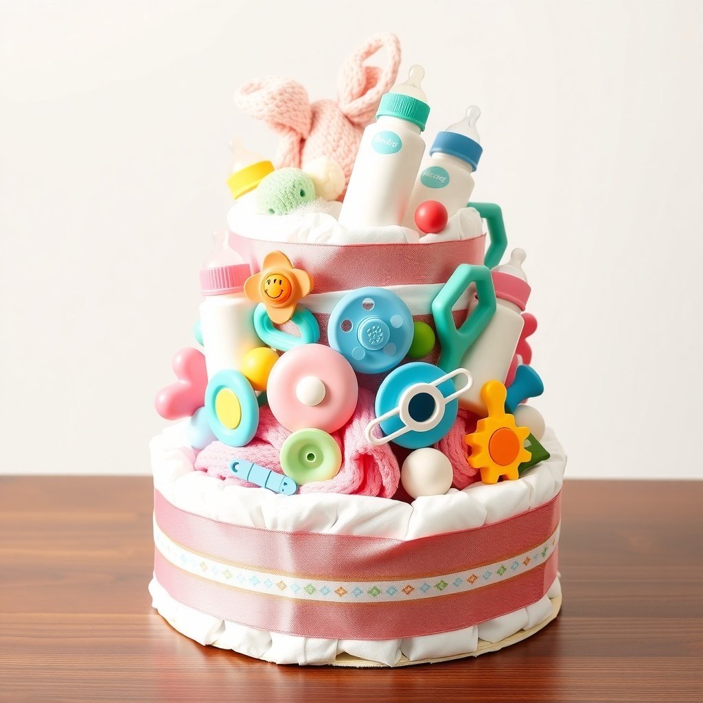 50 Festive Ideas for Creating the Ultimate Christmas Diaper Cake A colorful Christmas diaper cake decorated with baby essentials like bottles, toys, and blankets.