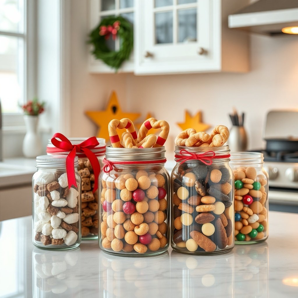 50 Creative Ideas for Christmas Kitchen Decor Decorative jars filled with festive treats in a Christmas kitchen.