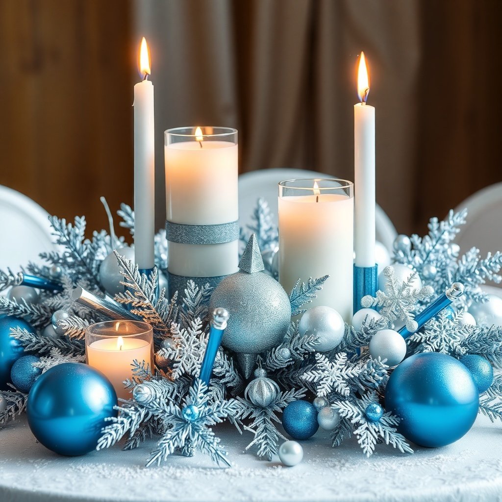 50 Stunning Christmas Table Centerpieces to Elevate Your Holiday Decor A beautiful Christmas table centerpiece featuring silver and blue decorations, candles, and ornaments.