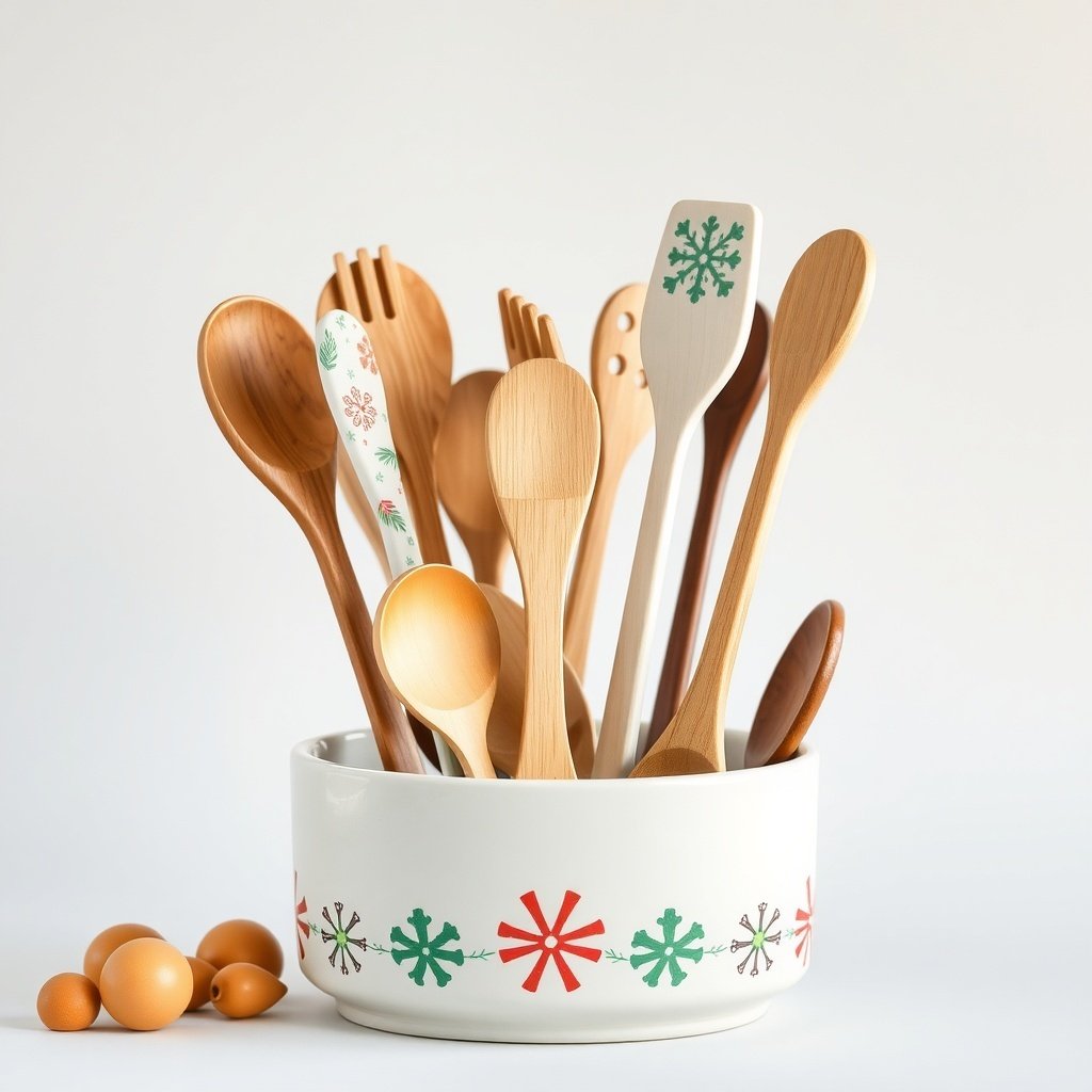 50 Creative Ideas for Christmas Kitchen Decor A festive bowl filled with wooden cooking utensils decorated for Christmas.