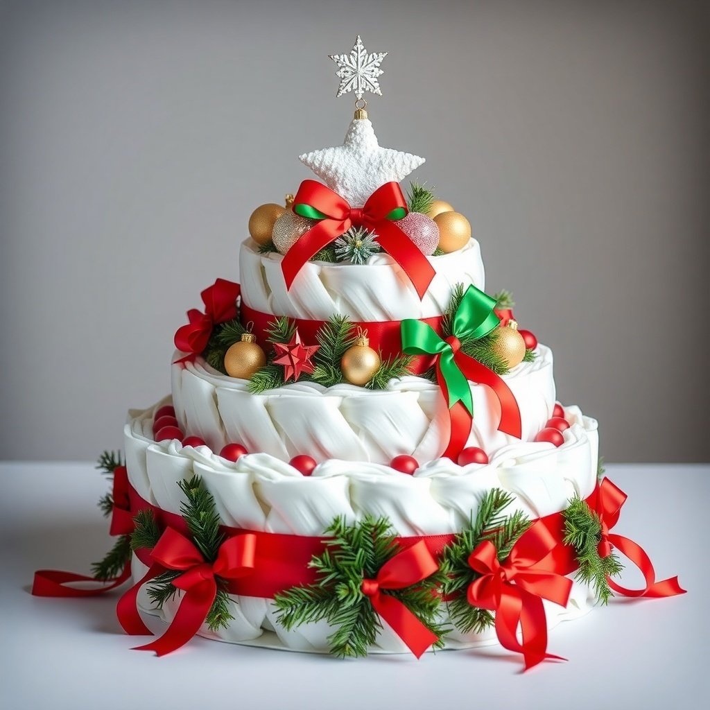 50 Festive Ideas for Creating the Ultimate Christmas Diaper Cake A festive Christmas diaper cake with three tiers, decorated with red and green ribbons, ornaments, and a snowflake star on top.