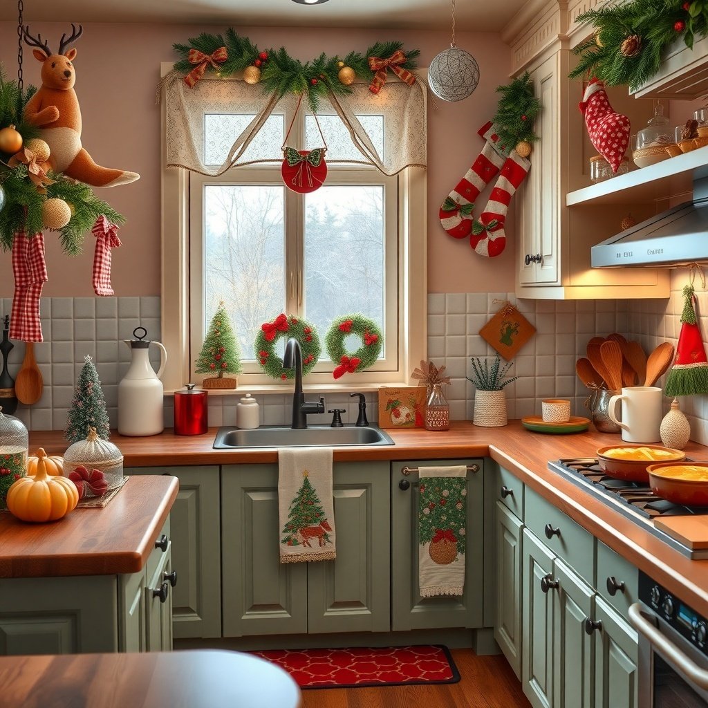 50 Creative Ideas for Christmas Kitchen Decor A cozy Christmas kitchen decorated with wreaths, stockings, and festive accents.