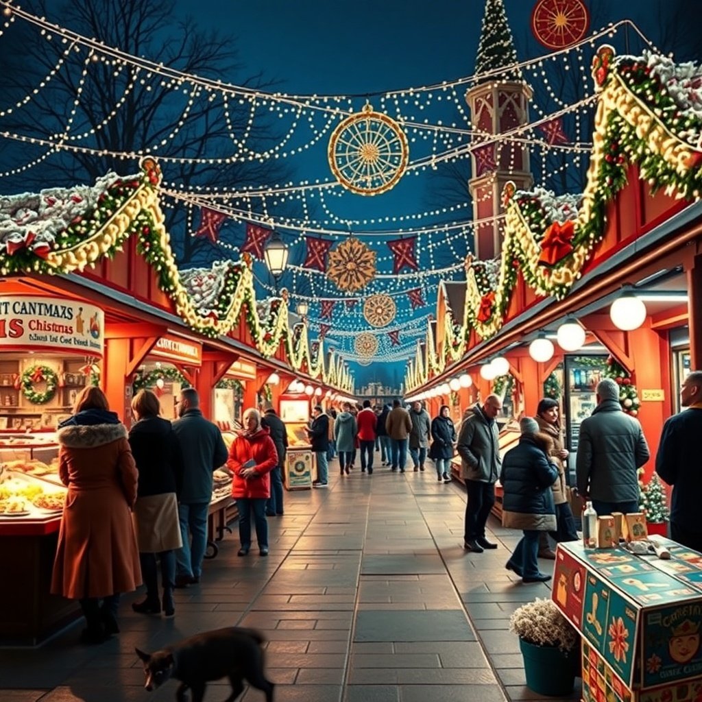 50 Festive December Wallpapers to Brighten Your Screen A charming Christmas market with festive decorations and people enjoying the holiday atmosphere.