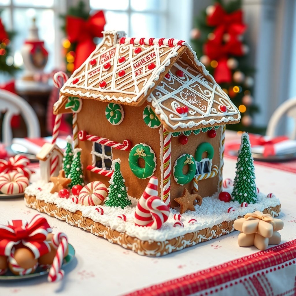 50 Stunning Christmas Table Centerpieces to Elevate Your Holiday Decor A charming gingerbread house decorated with colorful candies and icing, placed on a festive Christmas table.