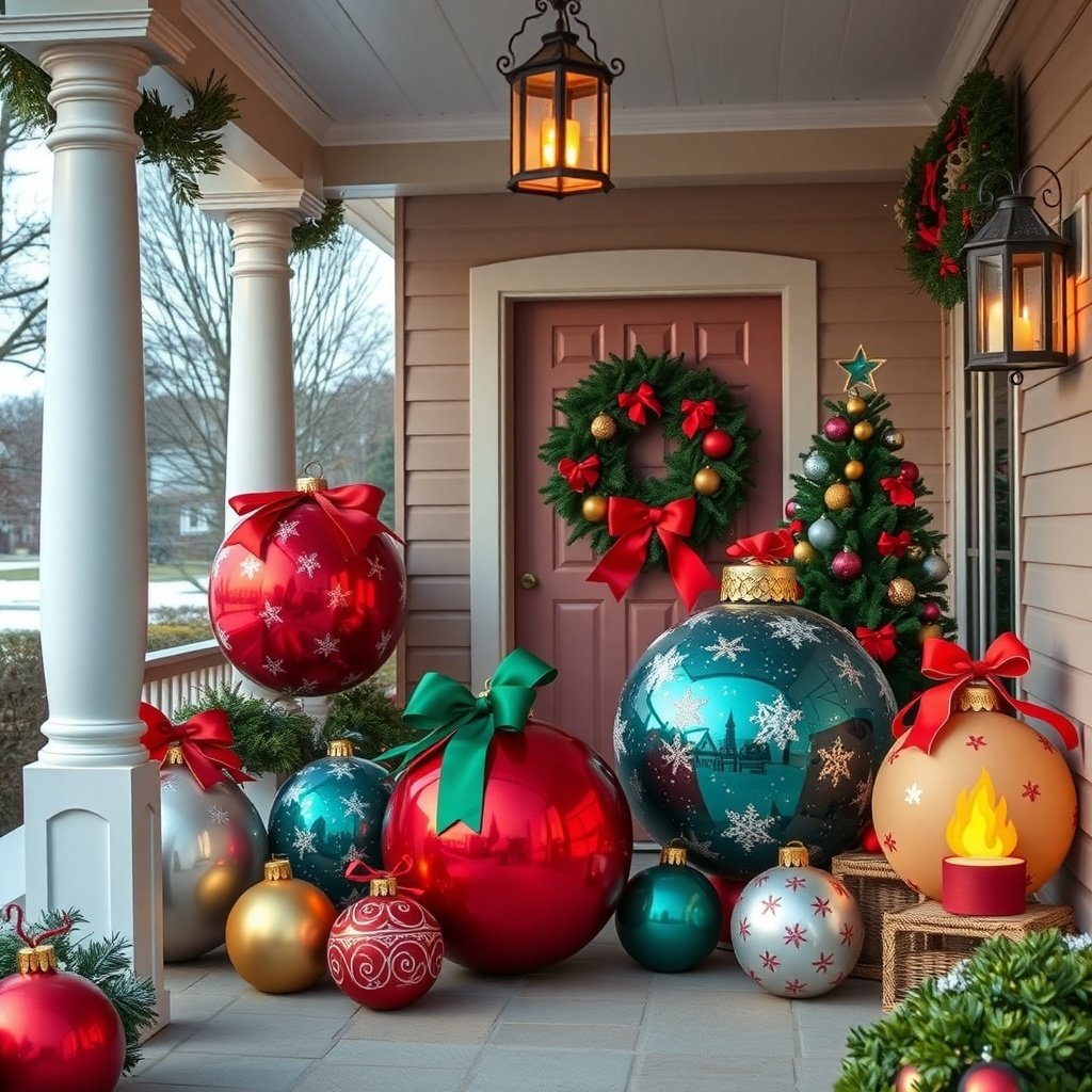 50 Stunning Christmas Porch Decor Ideas to Transform Your Home A beautifully decorated porch featuring giant Christmas ornaments, a wreath, and a Christmas tree, creating a festive atmosphere.