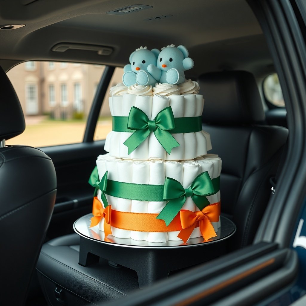 50 Festive Ideas for Creating the Ultimate Christmas Diaper Cake A beautifully decorated Christmas diaper cake in a car, featuring colorful ribbons and cute bear decorations.