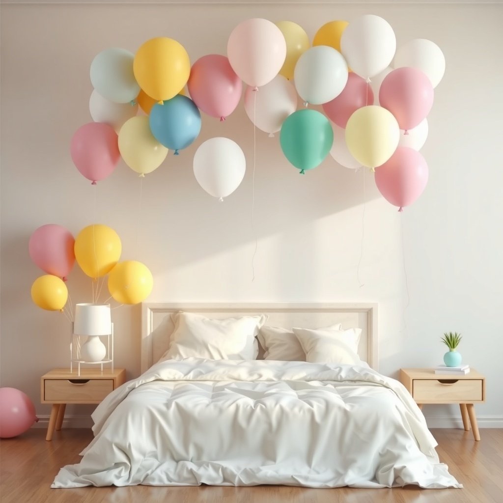 50 Stunning Wedding Night Room Decoration Ideas A wedding night room decorated with colorful balloons above a bed and beside nightstands.