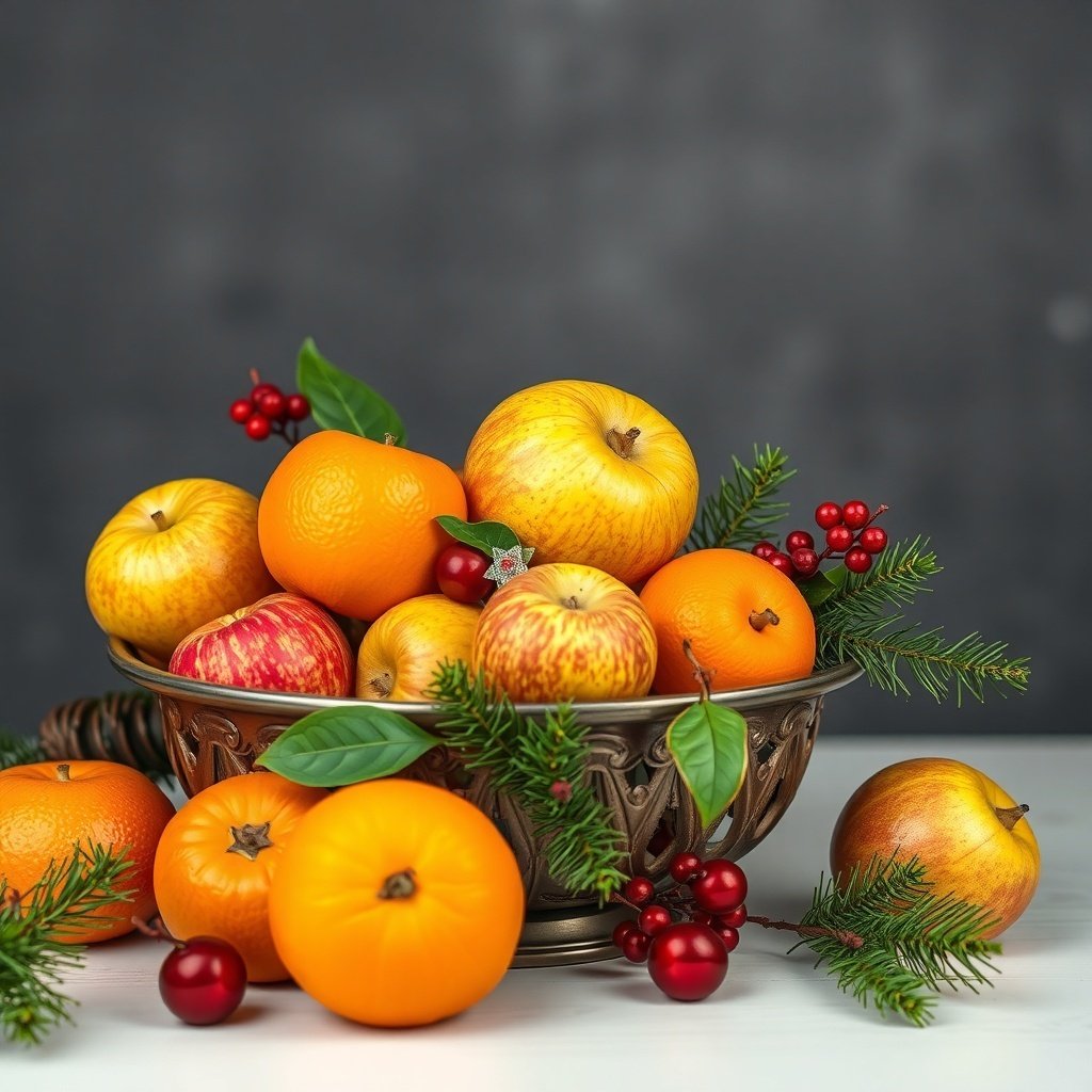 50 Creative Ideas for Christmas Kitchen Decor A decorative bowl filled with oranges and apples, surrounded by greenery and red berries.