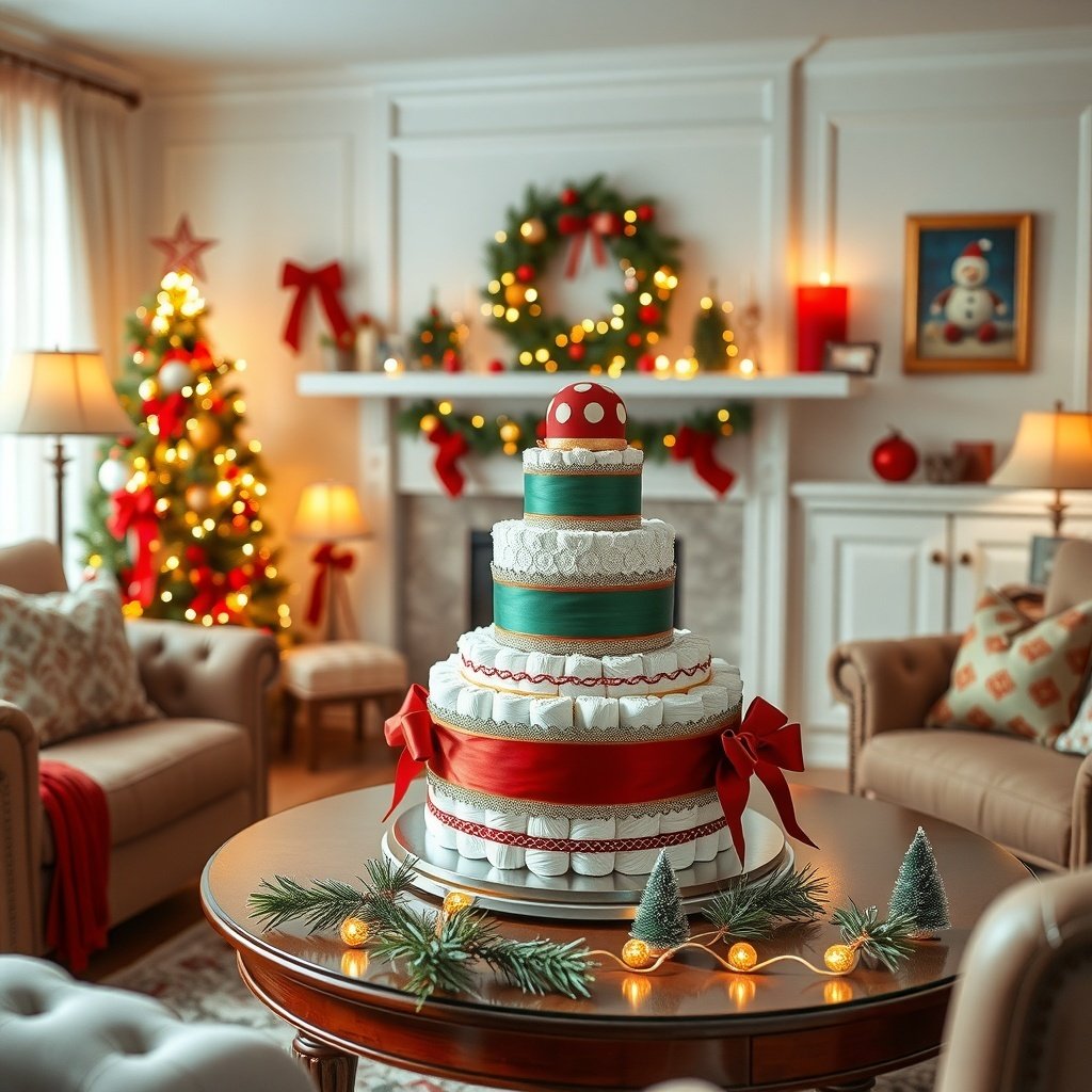 50 Festive Ideas for Creating the Ultimate Christmas Diaper Cake A beautifully decorated Christmas diaper cake displayed in a cozy living room with a Christmas tree and festive decorations.