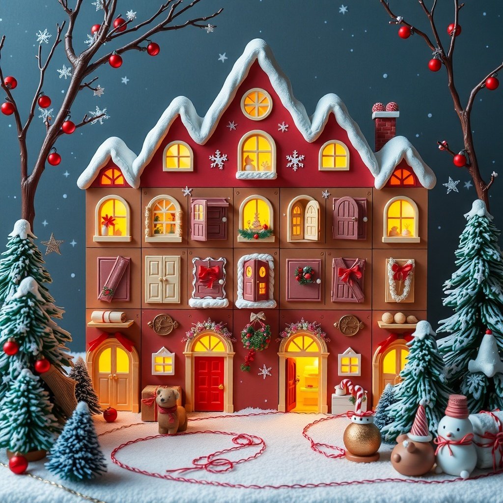50 Festive December Wallpapers to Brighten Your Screen A festive advent calendar designed like a holiday house with decorated doors and glowing windows.