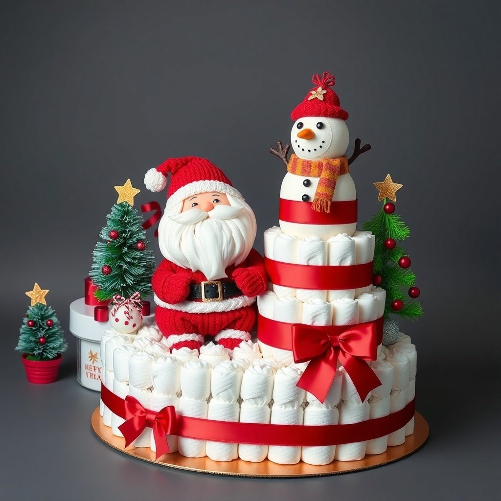 50 Festive Ideas for Creating the Ultimate Christmas Diaper Cake A Christmas diaper cake featuring Santa Claus and a snowman, decorated with ribbons and small trees. Christmas Diaper Cake