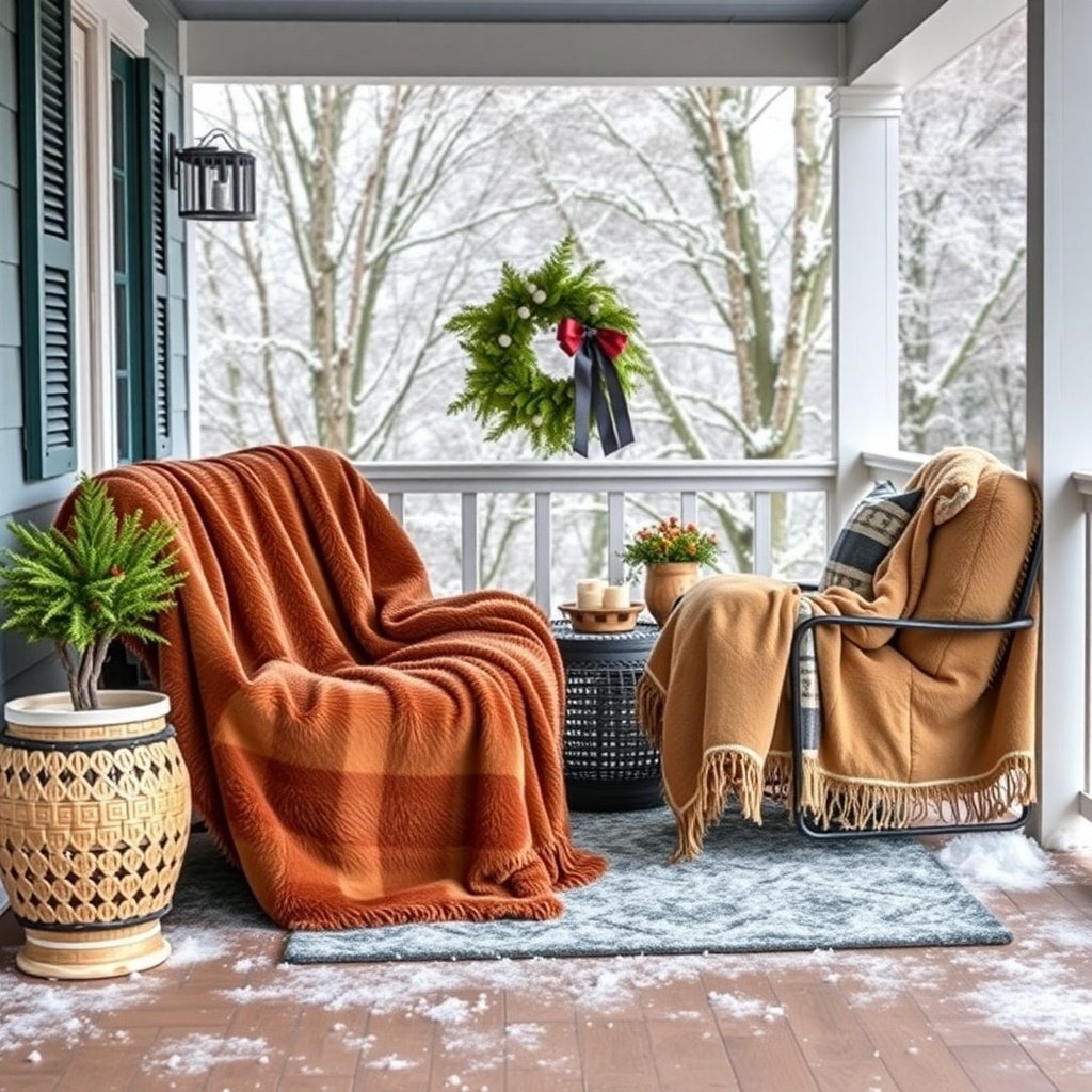 50 Stunning Christmas Porch Decor Ideas to Transform Your Home Cozy porch with faux fur throws, a wreath, and snowy background