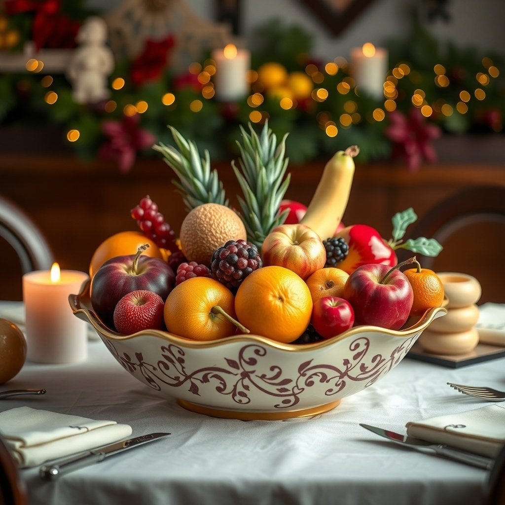 50 Stunning Christmas Table Centerpieces to Elevate Your Holiday Decor A beautifully arranged fruit bowl centerpiece on a Christmas table, featuring various fruits and candles.