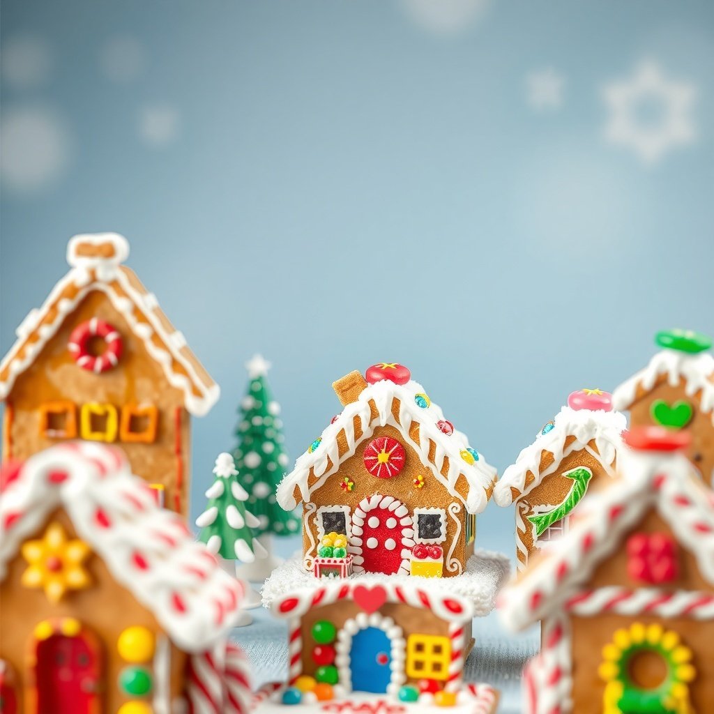 50 Festive December Wallpapers to Brighten Your Screen A collection of decorated gingerbread houses with colorful icing and candy against a soft blue background.