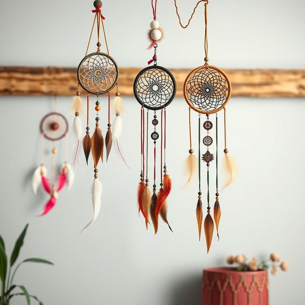 50 Stunning Wedding Night Room Decoration Ideas Three colorful dreamcatchers hanging on a wall, featuring feathers and beads.