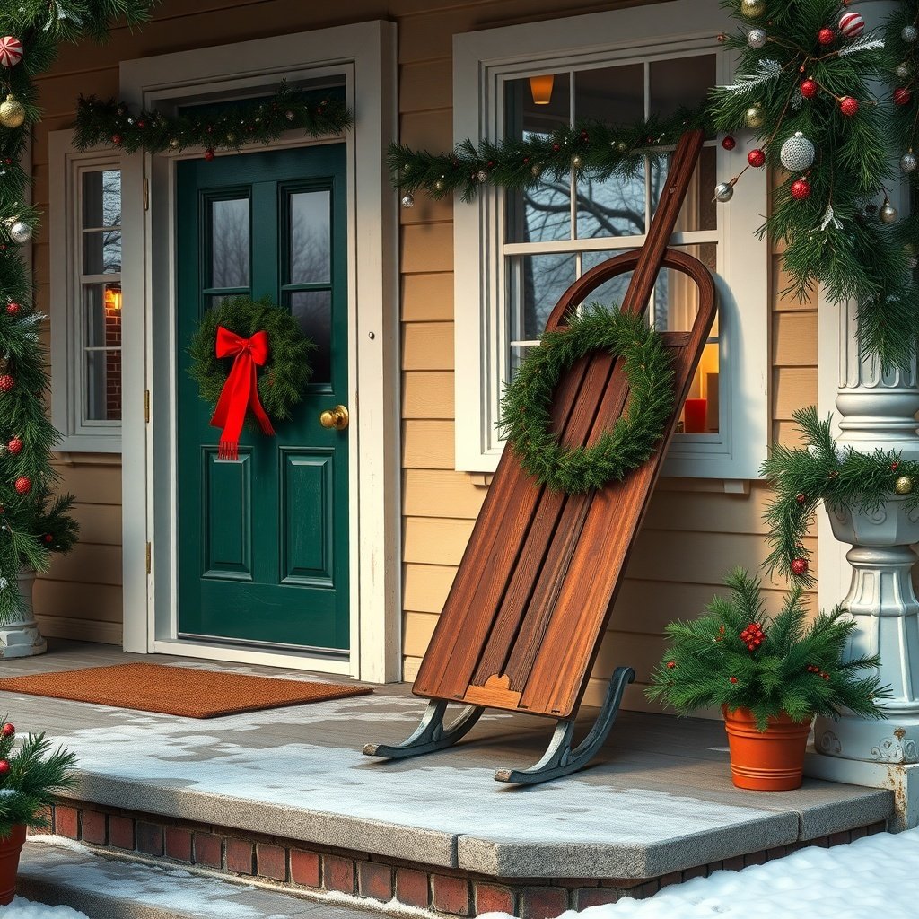 50 Stunning Christmas Porch Decor Ideas to Transform Your Home A decorated porch with a wooden sled, green wreath, and festive garlands.