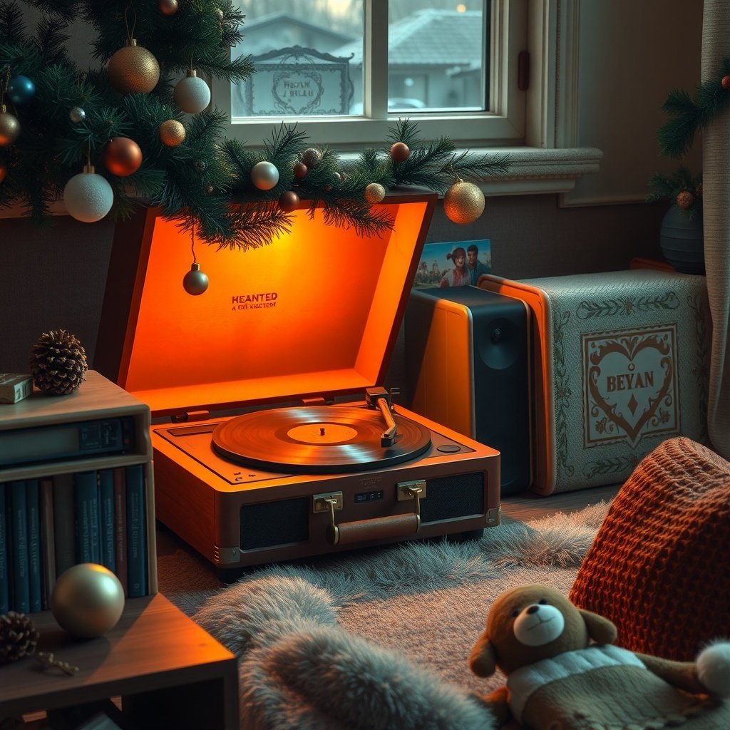 50 Festive December Wallpapers to Brighten Your Screen A cozy room with a vintage record player surrounded by holiday decorations.