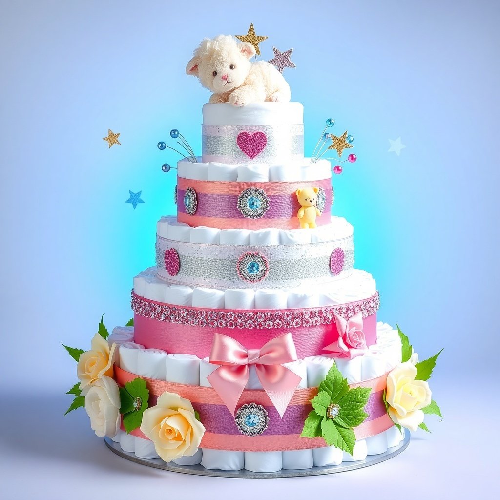 50 Festive Ideas for Creating the Ultimate Christmas Diaper Cake A beautifully decorated Christmas diaper cake with glittery elements and playful decorations.