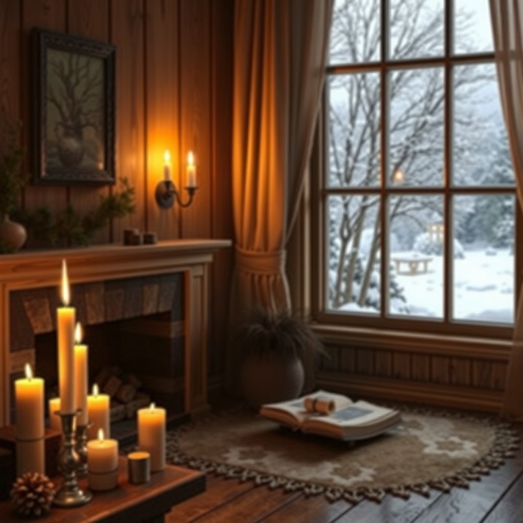 50 Festive December Wallpapers to Brighten Your Screen A cozy room with candles, a fireplace, and a snowy window view.