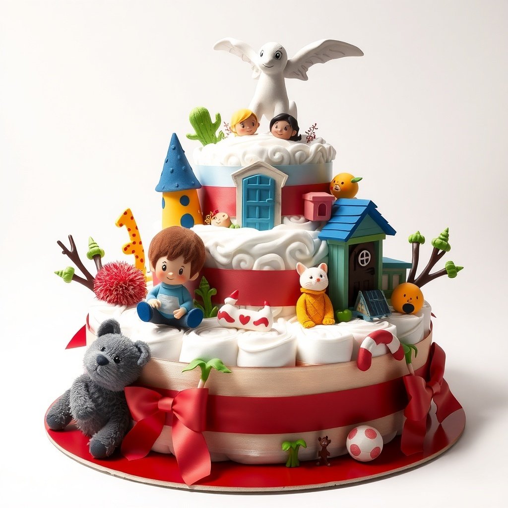 50 Festive Ideas for Creating the Ultimate Christmas Diaper Cake A colorful Christmas diaper cake decorated with toys and festive elements.