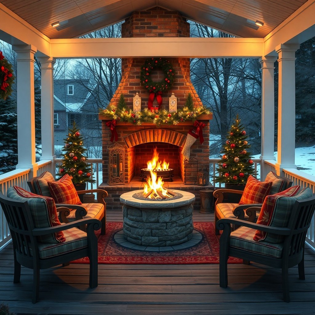 50 Stunning Christmas Porch Decor Ideas to Transform Your Home Cozy outdoor fireplace with Christmas decorations and seating
