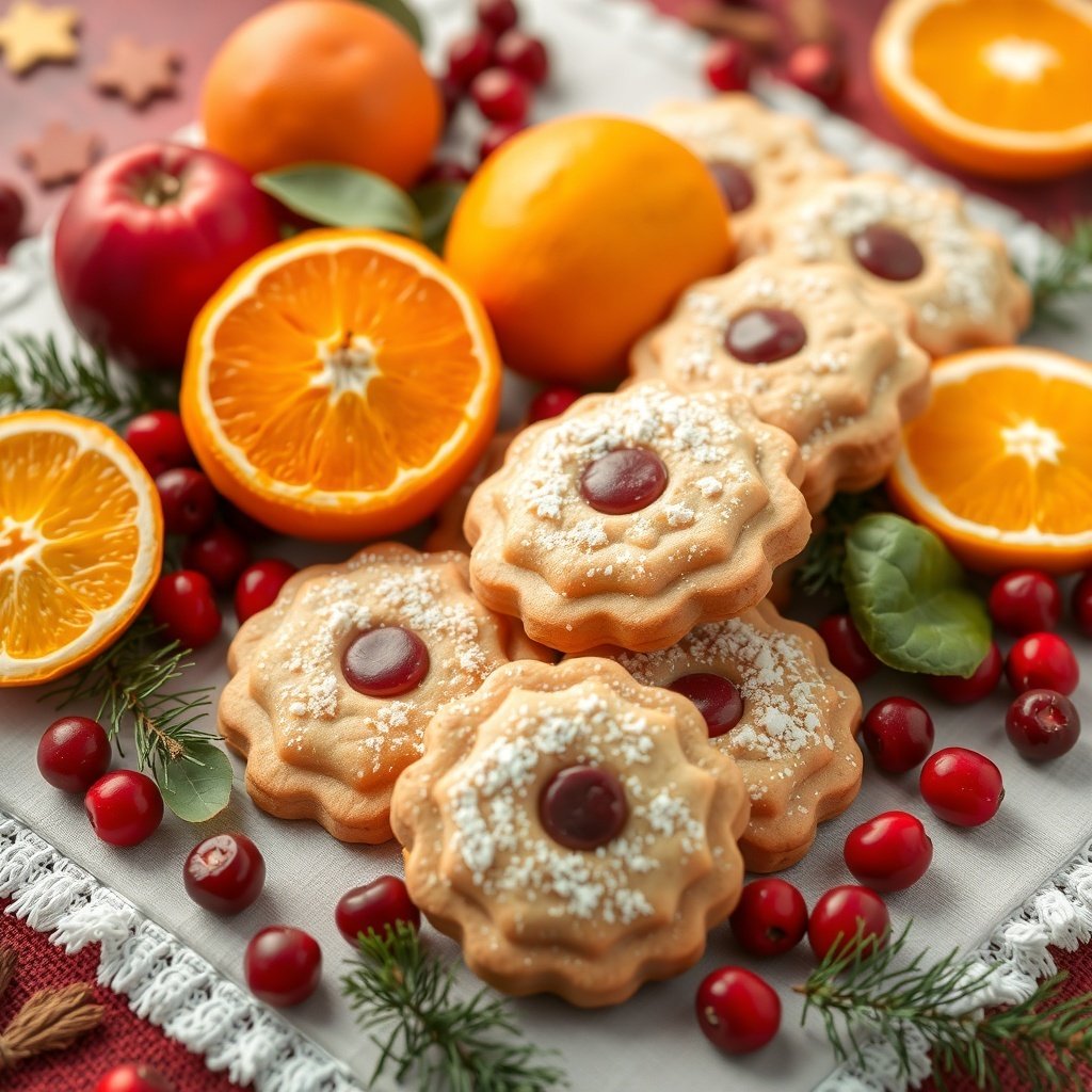 30 Delightful Mexican Wedding Cookie Recipes to Sweeten Your Celebrations Mexican wedding cookies surrounded by seasonal fruits like oranges and cranberries.
