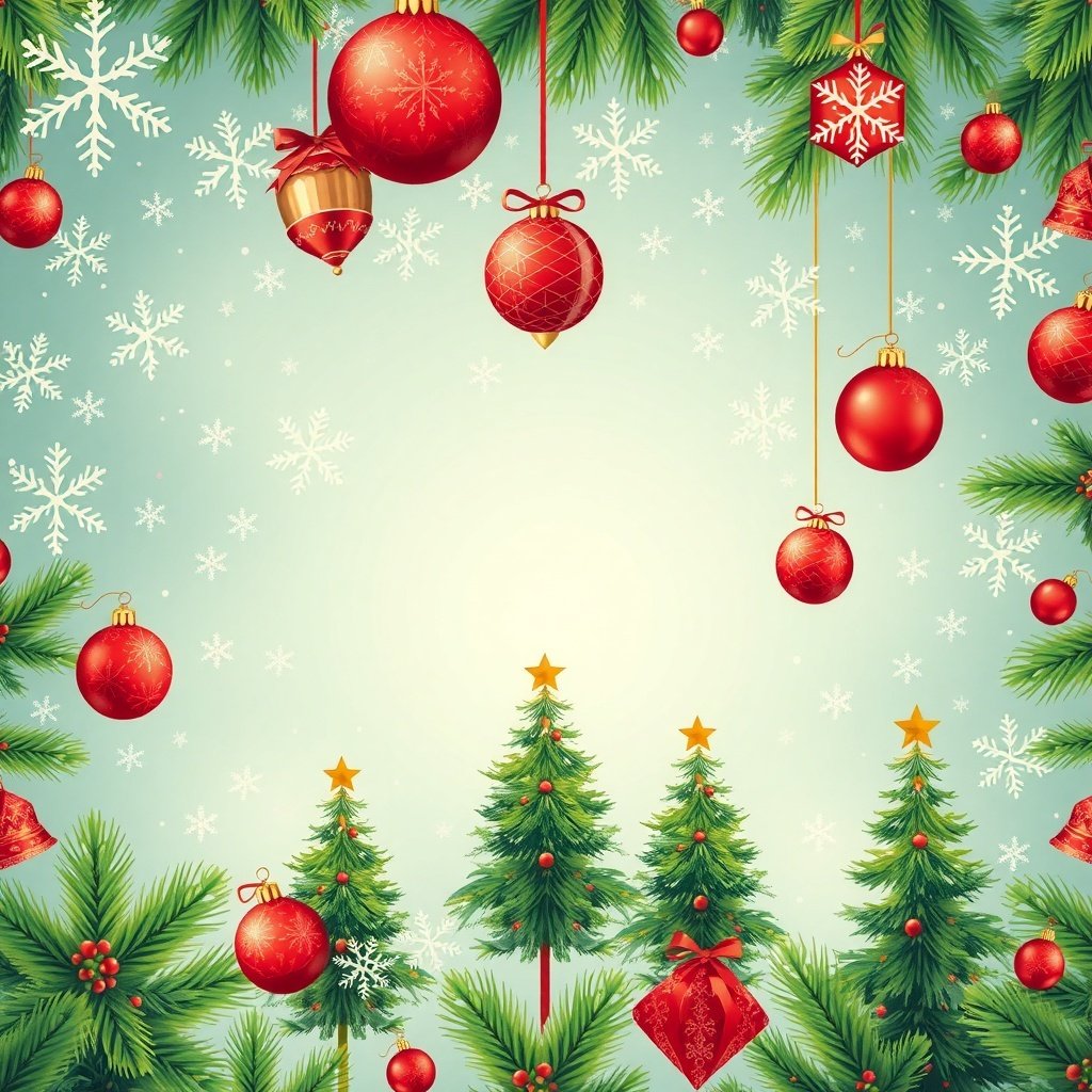 50 Festive December Wallpapers to Brighten Your Screen A festive December wallpaper featuring red ornaments, snowflakes, and Christmas trees.