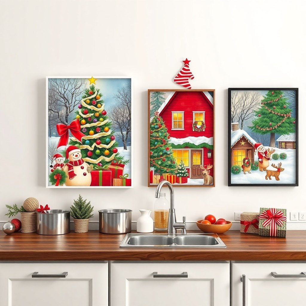 50 Creative Ideas for Christmas Kitchen Decor A festive kitchen with Christmas-themed wall art featuring snowmen, Christmas trees, and cozy homes.