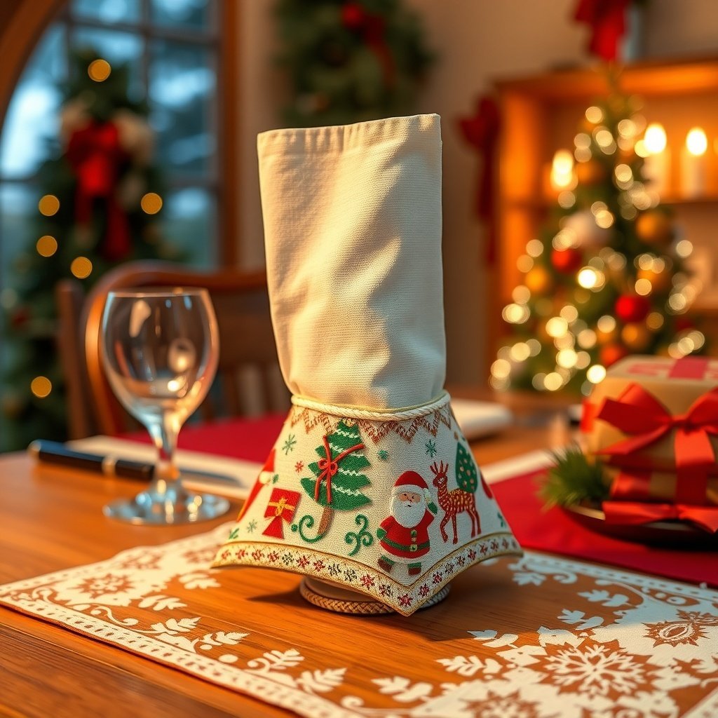 50 Creative Ideas for Christmas Kitchen Decor A festive napkin holder with Christmas decorations, set on a dining table.